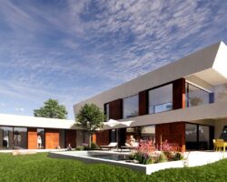 Render exterior de casa industrializada con diseño de EXarchitects en Madrid
