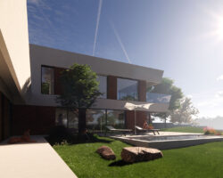 Render exterior de casa industrializada con diseño de EXarchitects en Madrid