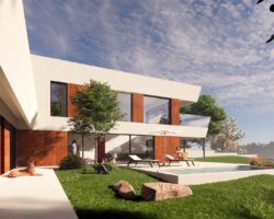 Render exterior de casa industrializada con diseño de EXarchitects en Madrid