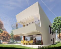 Render exterior de casa industrializada con diseño de EXarchitects en Madrid