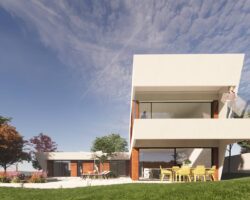 Render exterior de casa industrializada con diseño de EXarchitects en Madrid