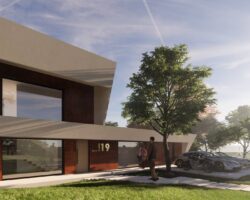 Render exterior de casa industrializada con diseño de EXarchitects en Madrid