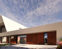 Render exterior de casa industrializada con diseño de EXarchitects en Madrid