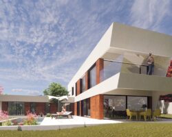 Render exterior de casa industrializada con diseño de EXarchitects en Madrid