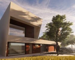 Render exterior de casa industrializada con diseño de EXarchitects en Madrid