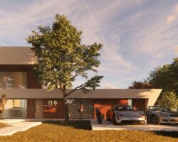 Render exterior de casa industrializada con diseño de EXarchitects en Madrid