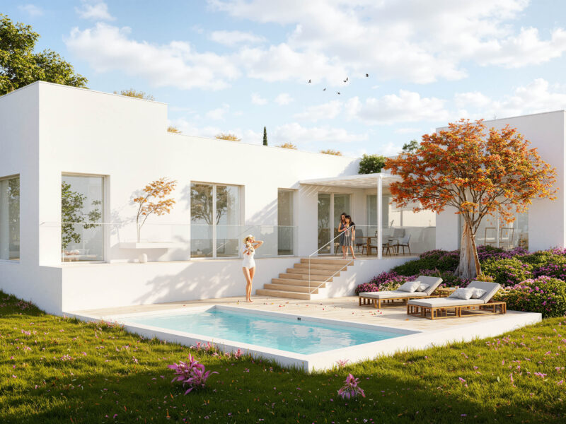 La imagen muestra la envolvente de Isla Sicilia, una vivienda industrializada proyectada con estructura Steelframe por EXarchitects. El diseño aprovecha el desnivel del terreno para volcar la casa hacia un jardín escalonado con vistas al paisaje natural de El Casar.