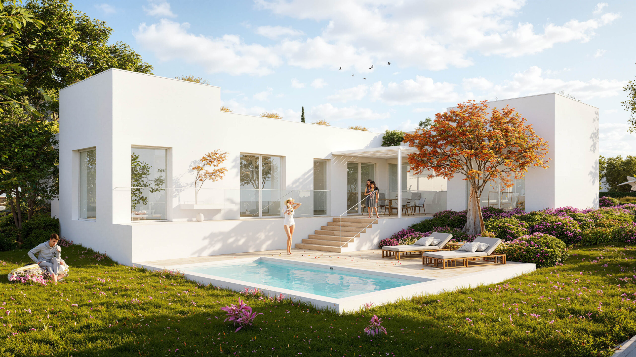La imagen muestra la envolvente de Isla Sicilia, una vivienda industrializada proyectada con estructura Steelframe por EXarchitects. El diseño aprovecha el desnivel del terreno para volcar la casa hacia un jardín escalonado con vistas al paisaje natural de El Casar.