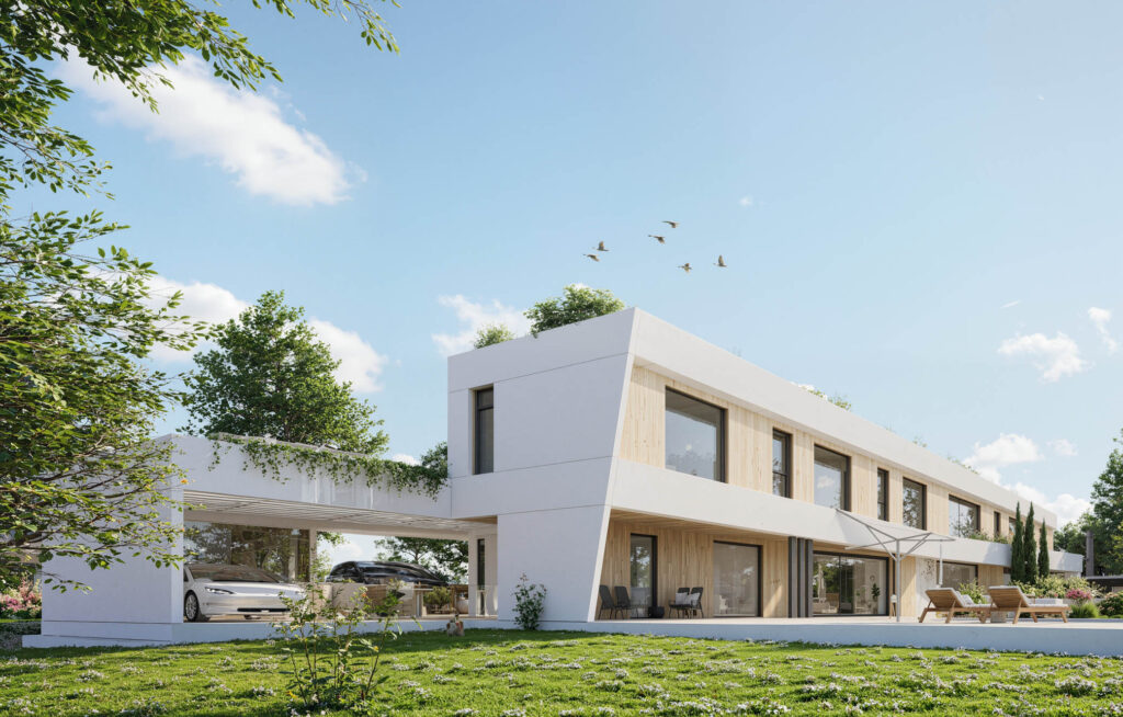 Vivienda industrializada de lujo en Ciudalcampo, Madrid, con diseño moderno en planta X, terraza, piscina y acabados premium, realizada por EXarchitects y Ecotech House.