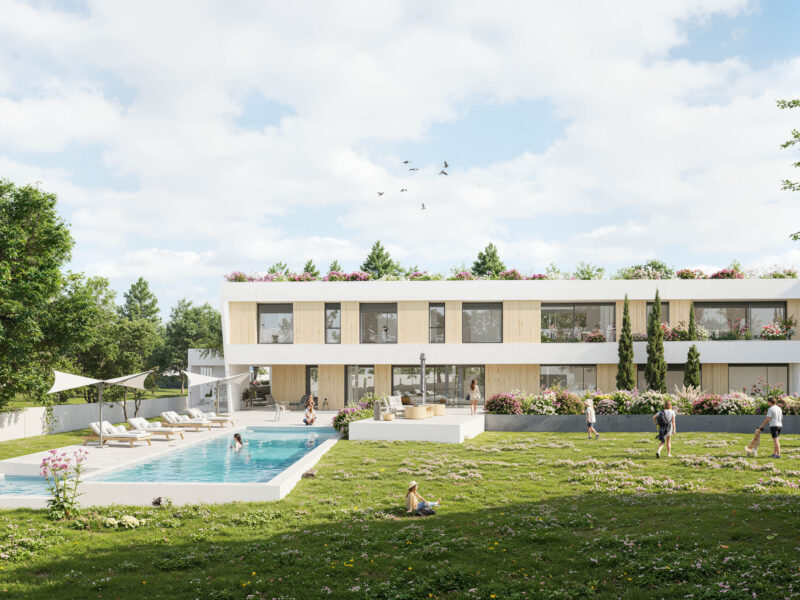 Vivienda industrializada de lujo en Ciudalcampo, Madrid, con diseño moderno en planta X, terraza, piscina y acabados premium, realizada por EXarchitects y Ecotech House.