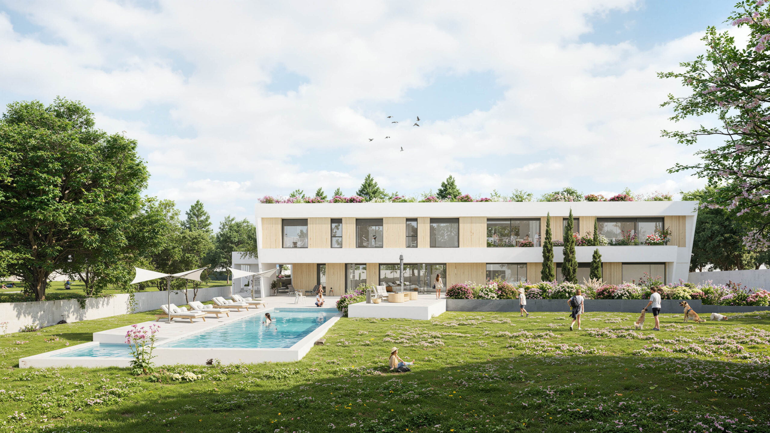 Vivienda industrializada de lujo en Ciudalcampo, Madrid, con diseño moderno en planta X, terraza, piscina y acabados premium, realizada por EXarchitects y Ecotech House.