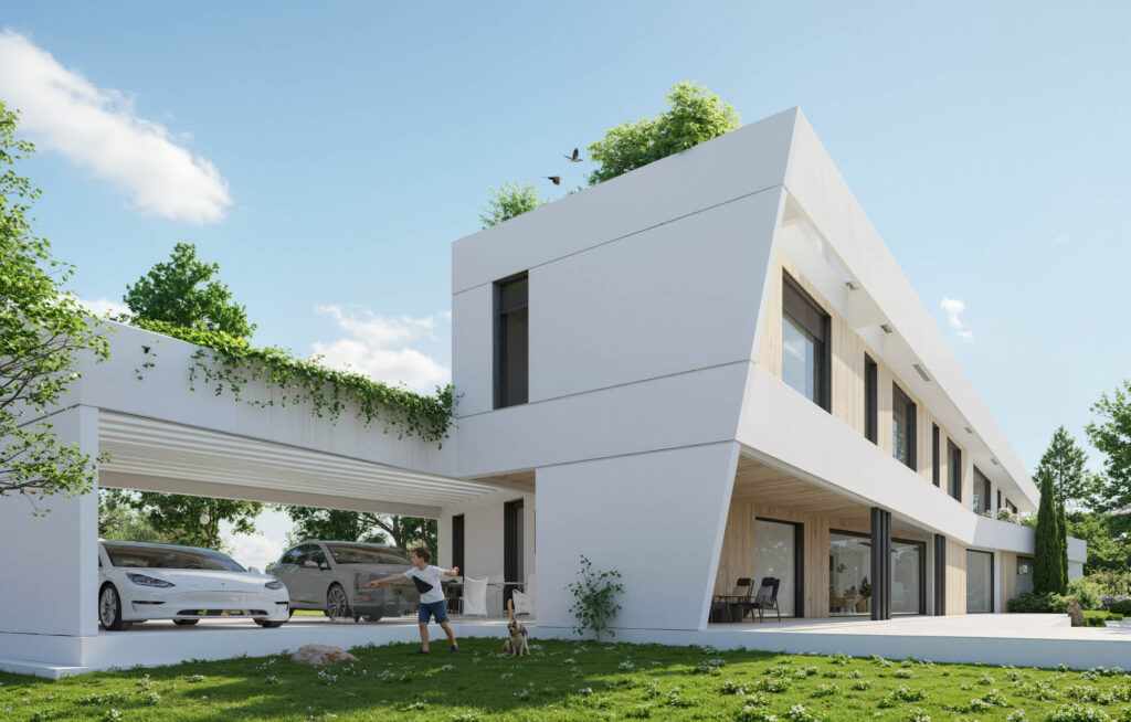 Vivienda industrializada de lujo en Ciudalcampo, Madrid, con diseño moderno en planta X, terraza, piscina y acabados premium, realizada por EXarchitects y Ecotech House.