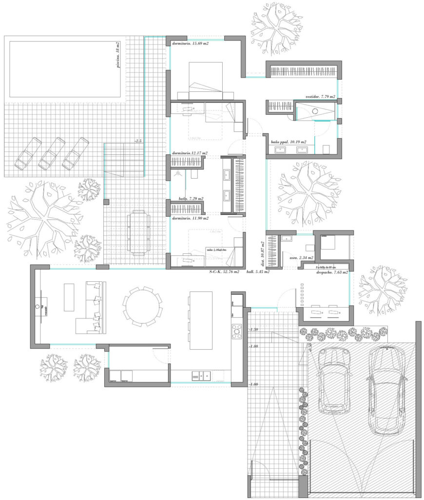 La imagen muestra la envolvente de Isla Sicilia, una vivienda industrializada proyectada con estructura Steelframe por EXarchitects. El diseño aprovecha el desnivel del terreno para volcar la casa hacia un jardín escalonado con vistas al paisaje natural de El Casar.
