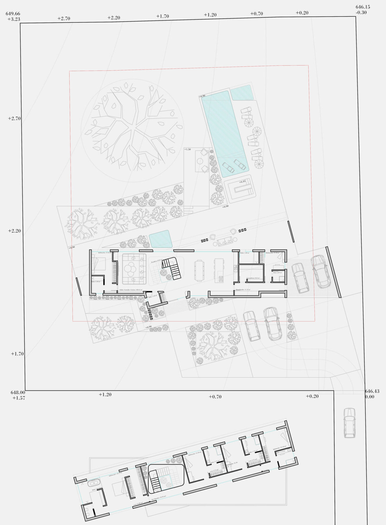 Plano de la vivienda industrializada de 370 m² en la urbanización de lujo Ciudalcampo (Madrid), diseñada por EXarchitects y Ecotech House.