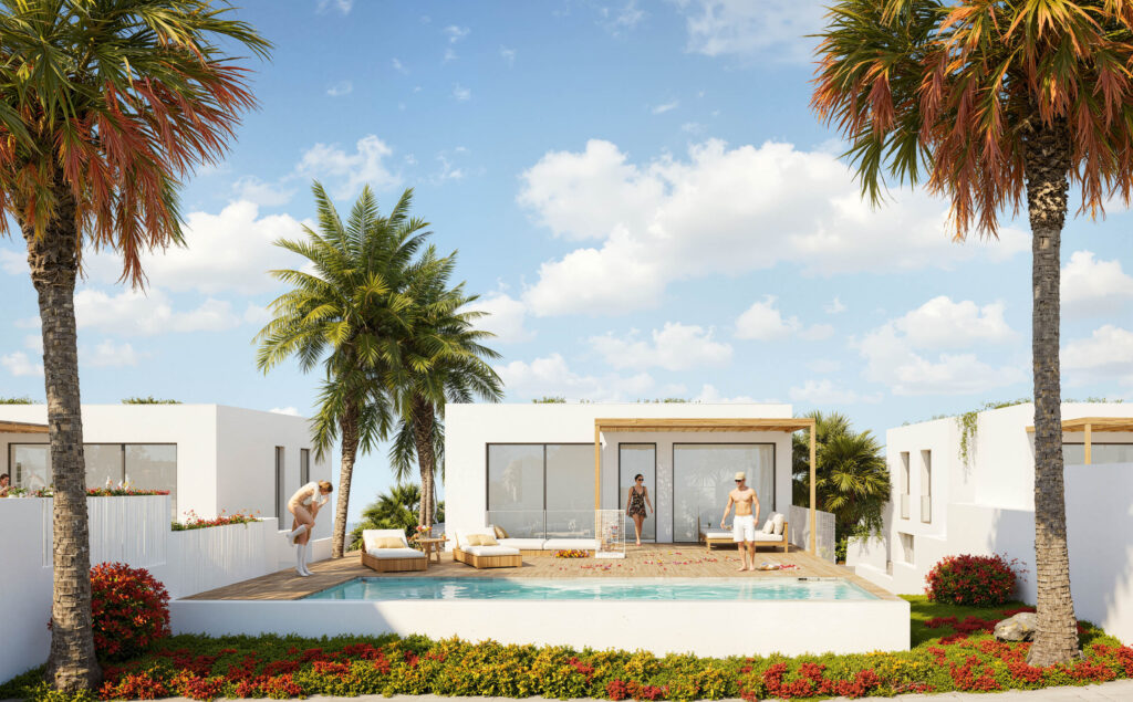 Piscina y fachada de vivienda personalizada en Mojácar, arquitectura EXarchitects