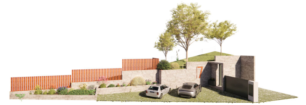 Render exterior de la vivienda unifamiliar Ramal de las Encinas en Sevilla la Nueva, diseño contemporáneo de EXarchitects adaptado a la topografía
