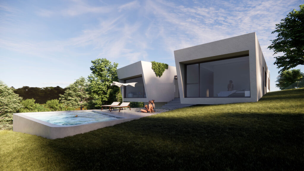 Render exterior de la vivienda unifamiliar Ramal de las Encinas en Sevilla la Nueva, diseño contemporáneo de EXarchitects adaptado a la topografía