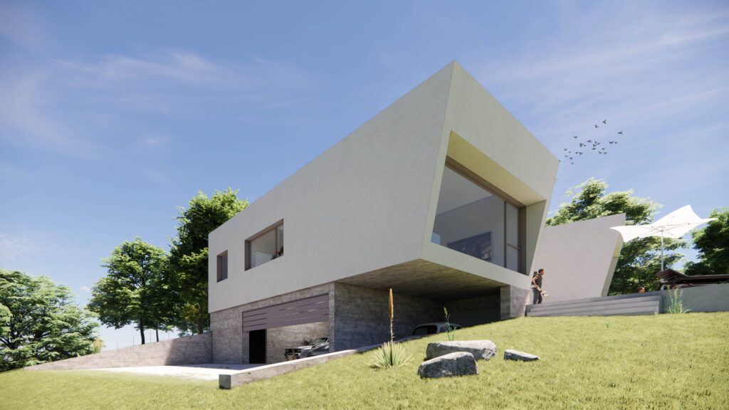 Render exterior de la vivienda unifamiliar Ramal de las Encinas en Sevilla la Nueva, diseño contemporáneo de EXarchitects adaptado a la topografía