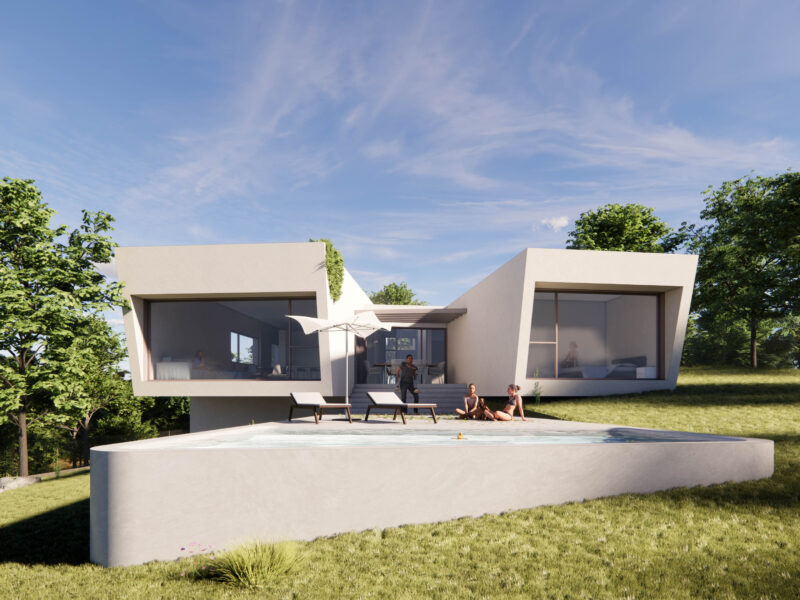 Render exterior de la vivienda unifamiliar Ramal de las Encinas en Sevilla la Nueva, diseño contemporáneo de EXarchitects adaptado a la topografía