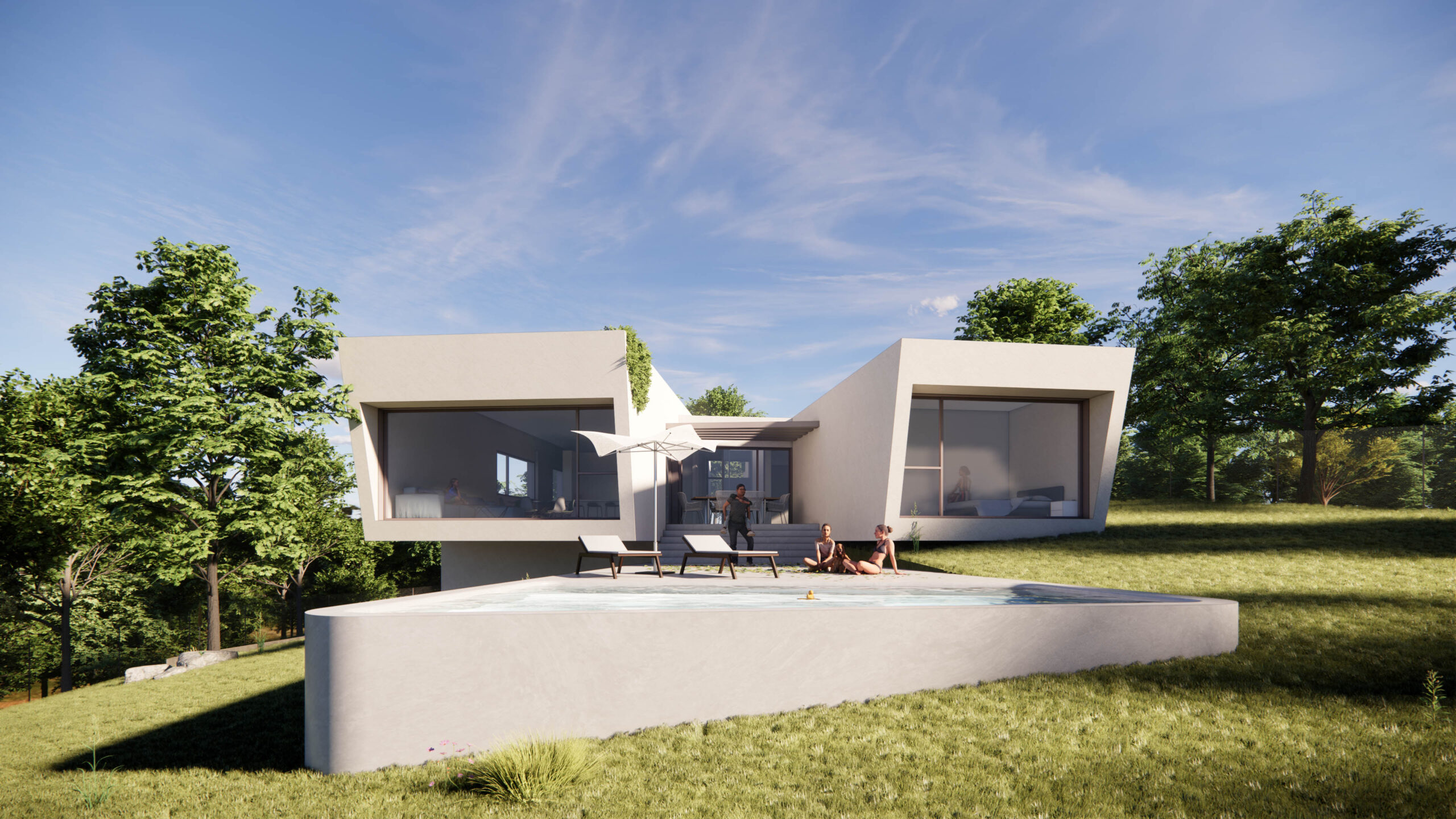 Render exterior de la vivienda unifamiliar Ramal de las Encinas en Sevilla la Nueva, diseño contemporáneo de EXarchitects adaptado a la topografía