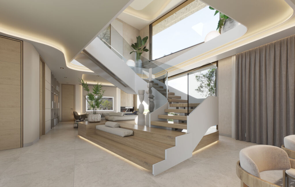 Recibidor amplio y luminoso en vivienda industrializada de lujo Ciudalcampo 2 en Madrid, diseño de EXarchitects con decoración de JMQ Interiors.
