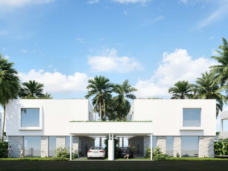 Vista general del conjunto residencial de viviendas pareadas en Mojácar, diseño contemporáneo de EXarchitects.