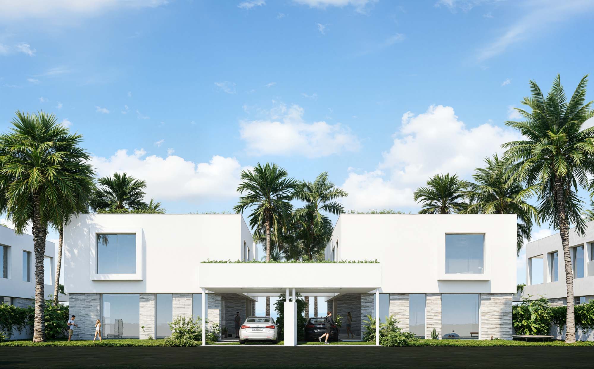 Vista general del conjunto residencial de viviendas pareadas en Mojácar, diseño contemporáneo de EXarchitects.