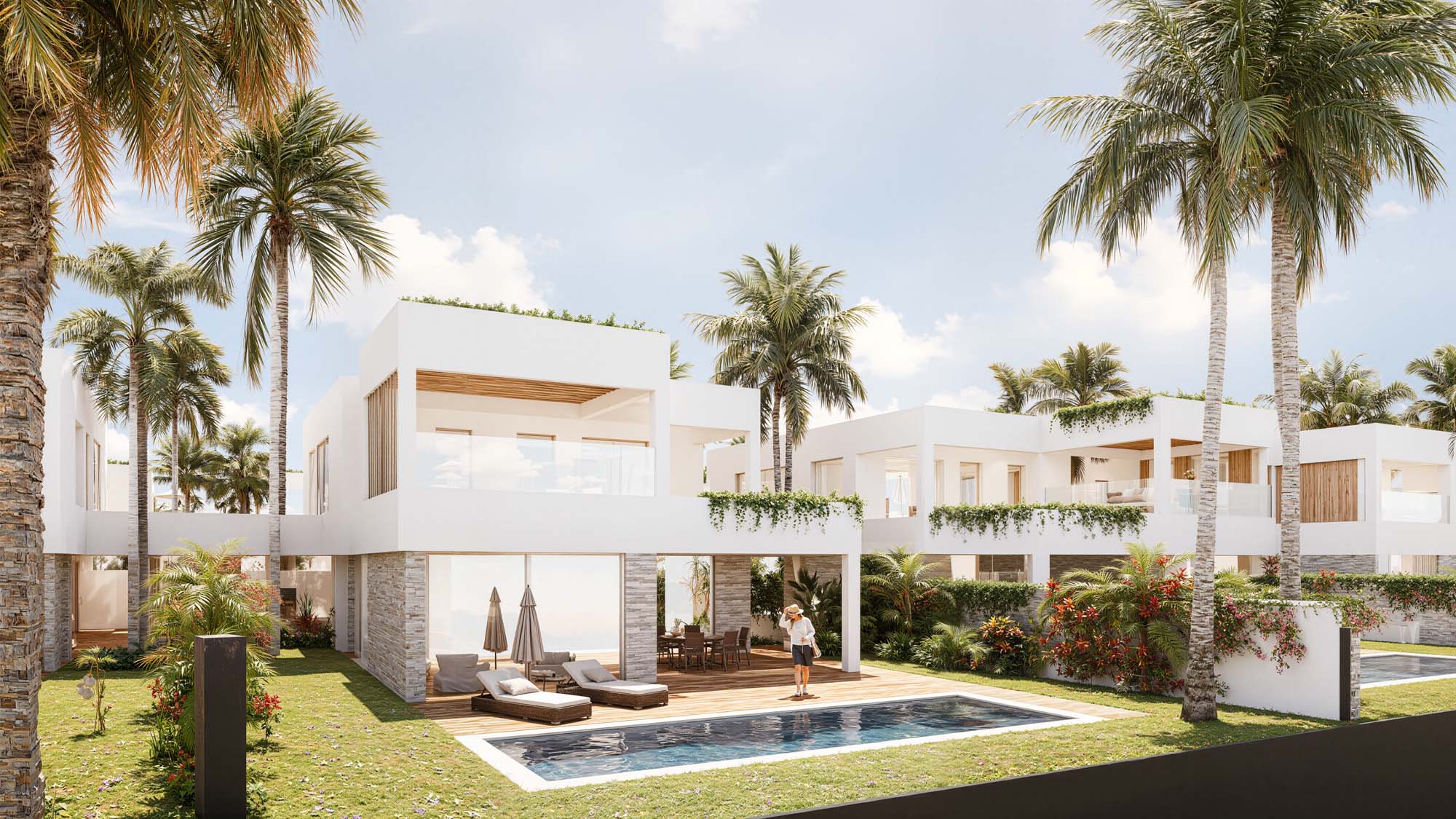 Vista general del conjunto residencial de viviendas pareadas en Mojácar, diseño contemporáneo de EXarchitects.