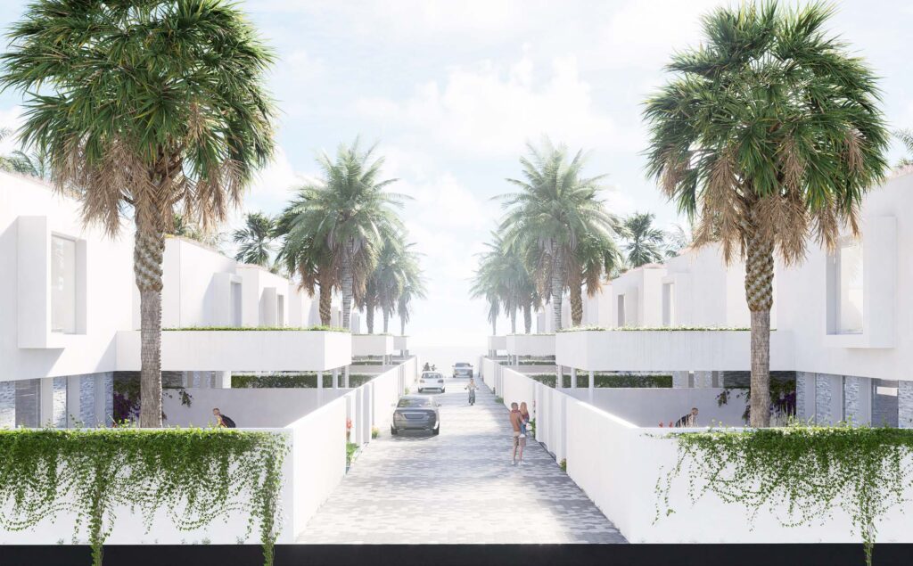 Vista general del conjunto residencial de viviendas pareadas en Mojácar, diseño contemporáneo de EXarchitects.