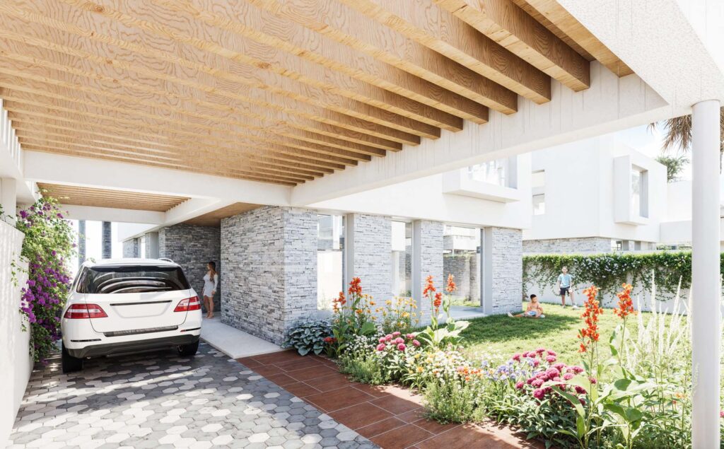 Vista general del conjunto residencial de viviendas pareadas en Mojácar, diseño contemporáneo de EXarchitects.